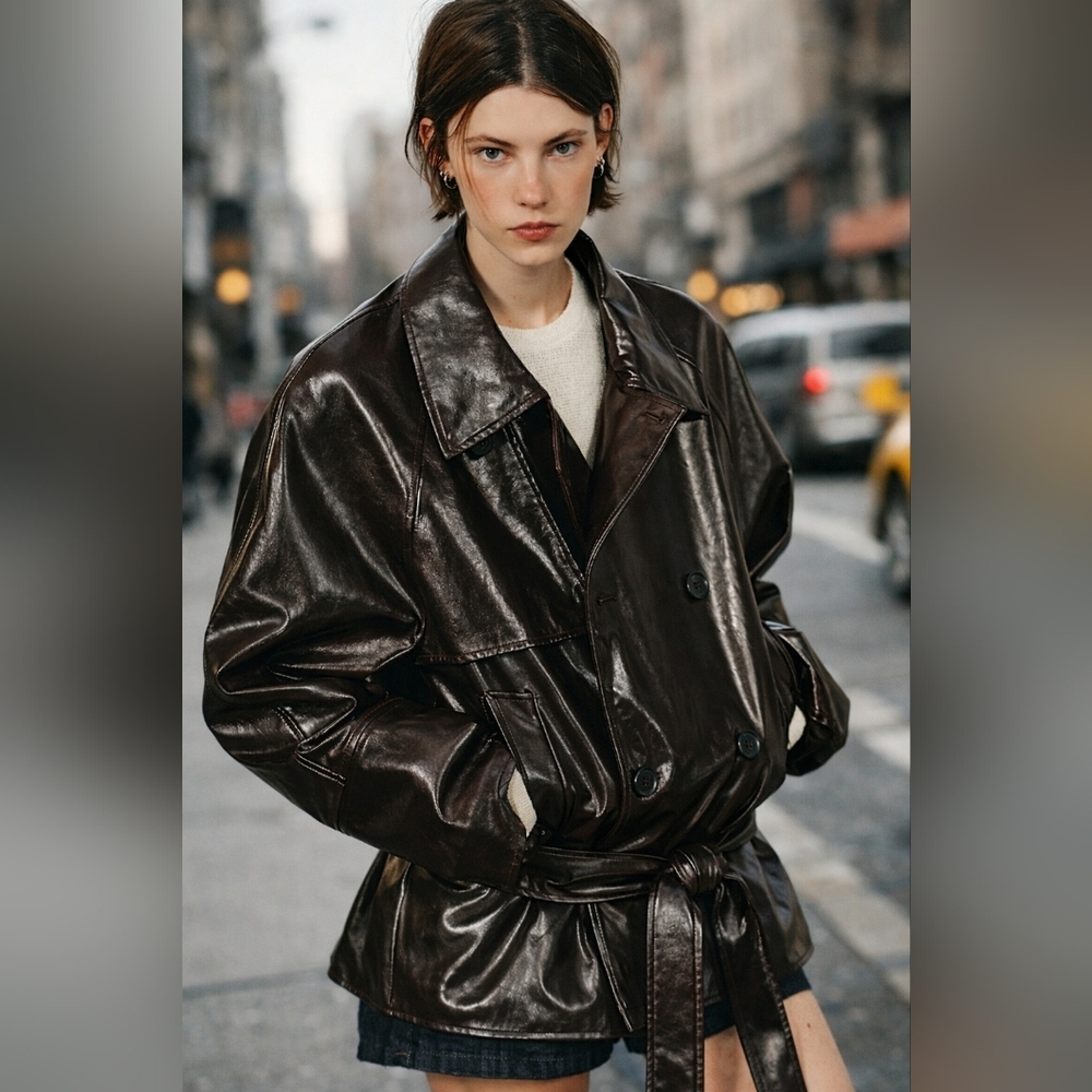 Zara FAUX LEATHER BELTED JACKET S